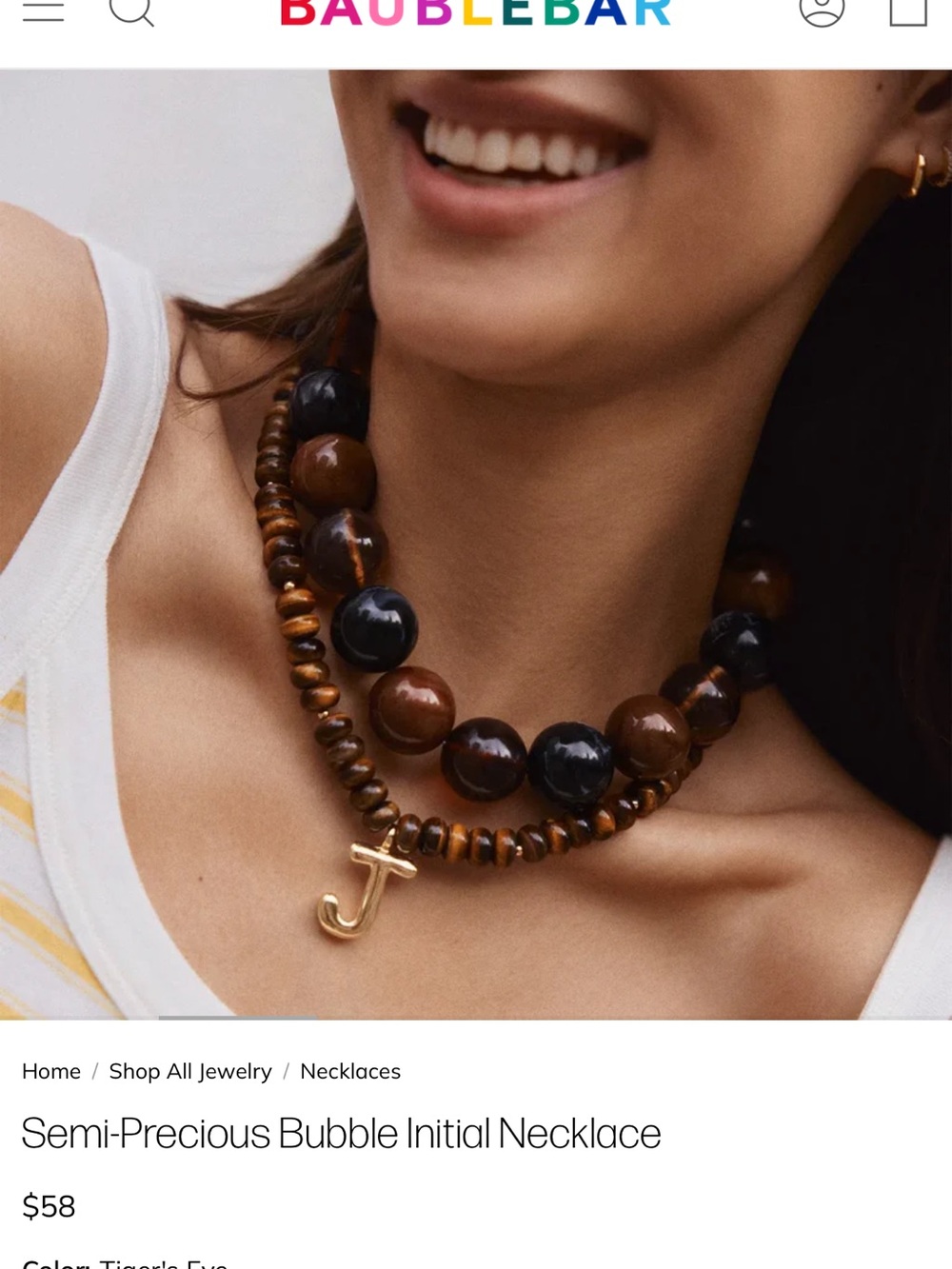 BaubleBar NWT Semi-Precious Bubble Initial Necklace with Gold 'J' in Tiger’s Eye - Picture 6 of 7